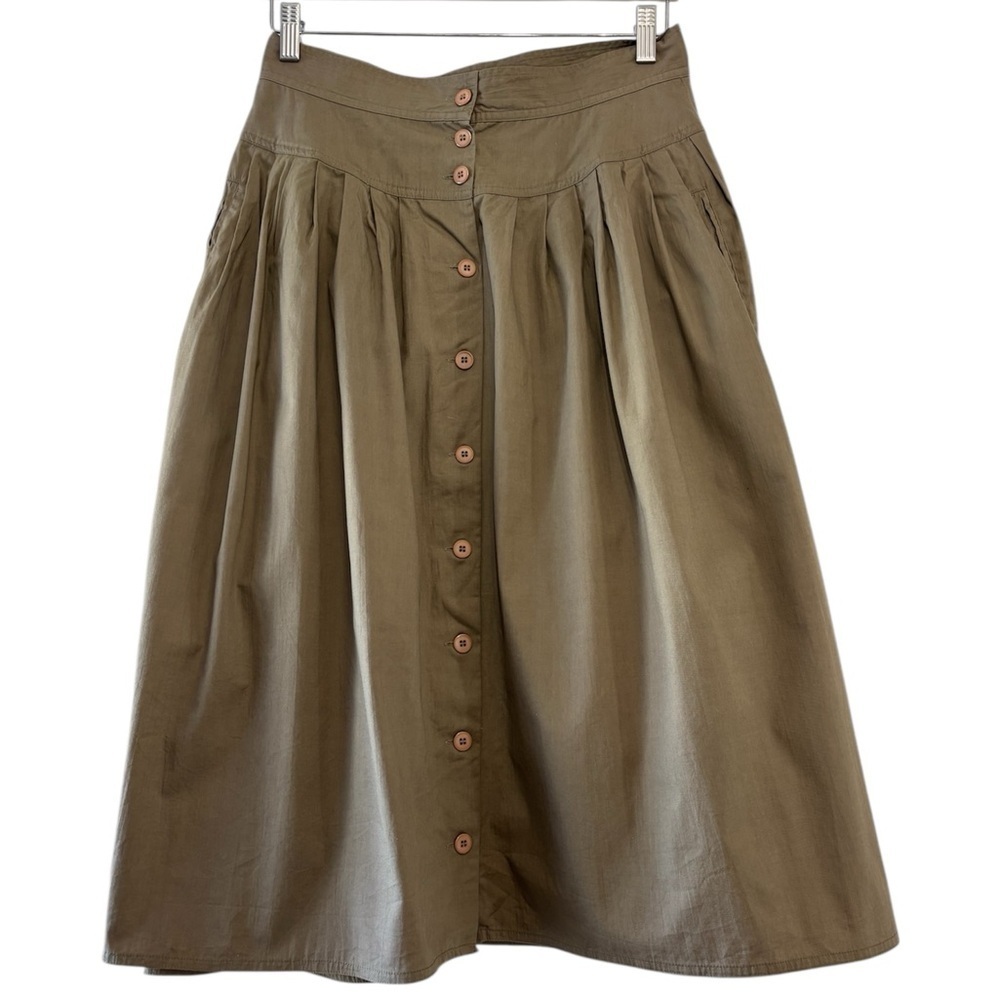 Vintage Kenya Collection Olive Green Button-Front Pintuck Midi Skirt Size 14 - Picture 2 of 9
